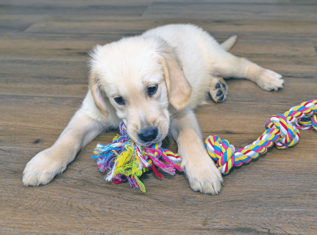 Golden Retriever puppy chewing a colorful rope toy on a wooden floor - best dog toys India, puppy essentials, interactive dog toys
