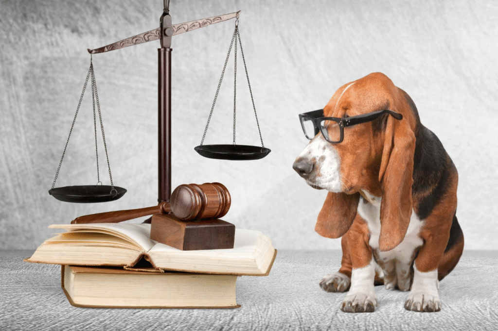 Basset Hound puppy wearing glasses next to a gavel and scales of justice, representing pet laws India and legal rights.